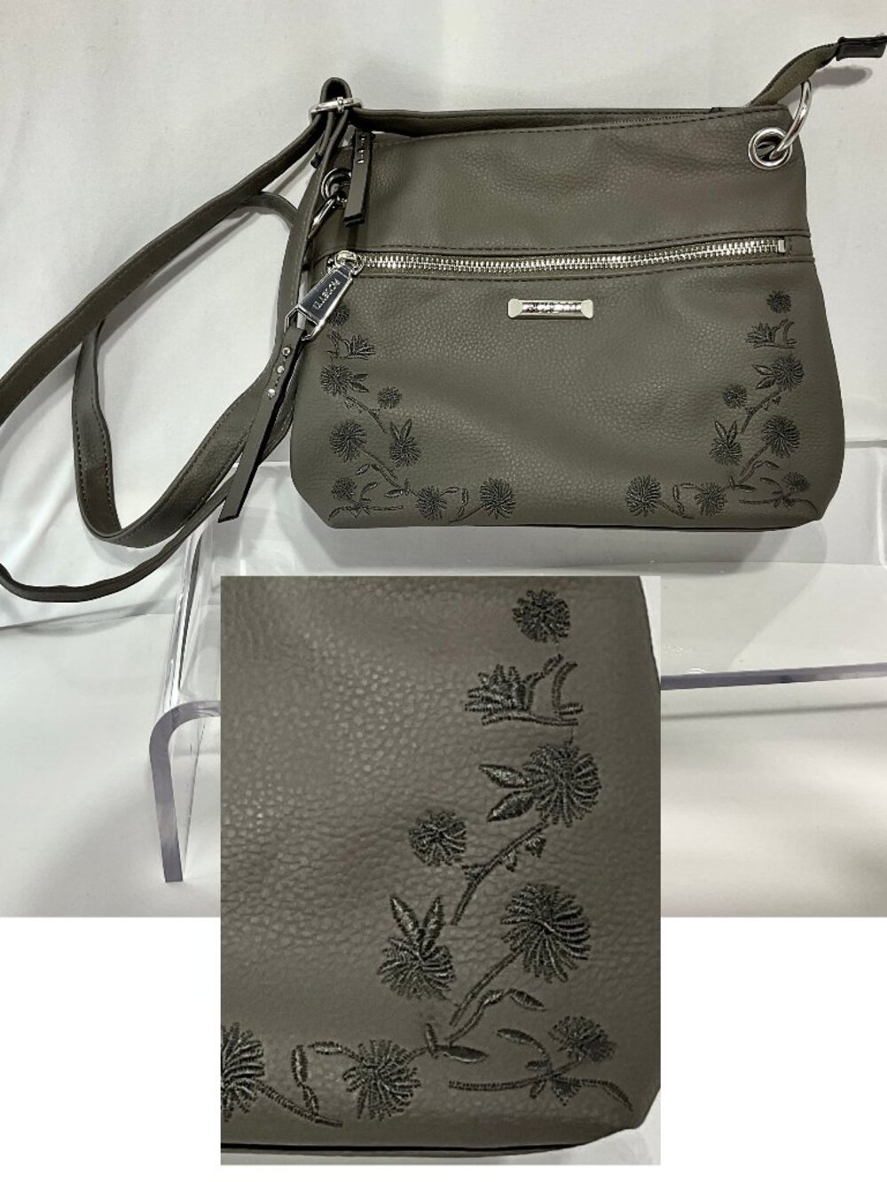 Rosetti Grey Crossbody Purse with Embroidery 8.5"L